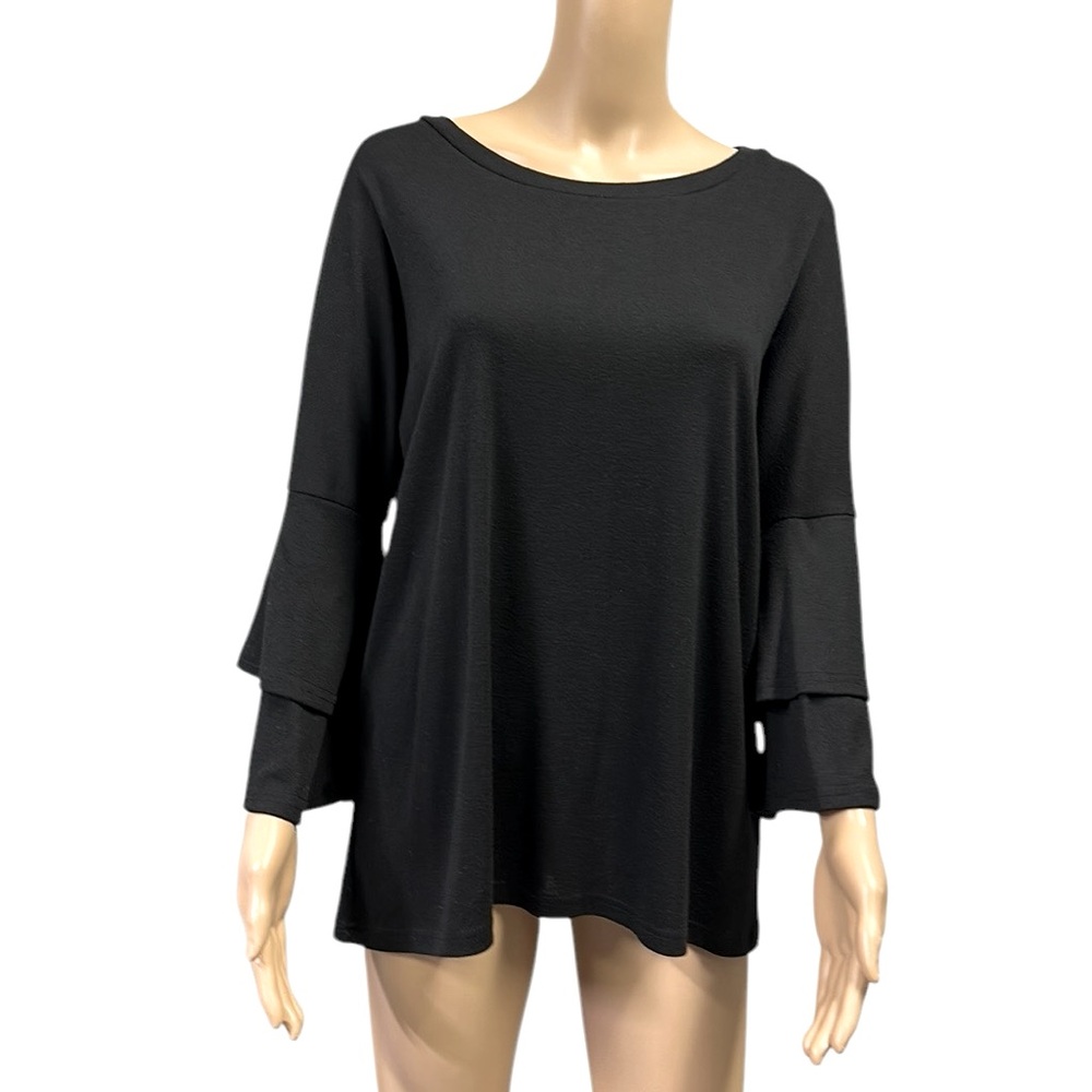 Miselon Black 3 Quarter Bell Ruffle Sleeve Tee Blouse Shirt Womens Large